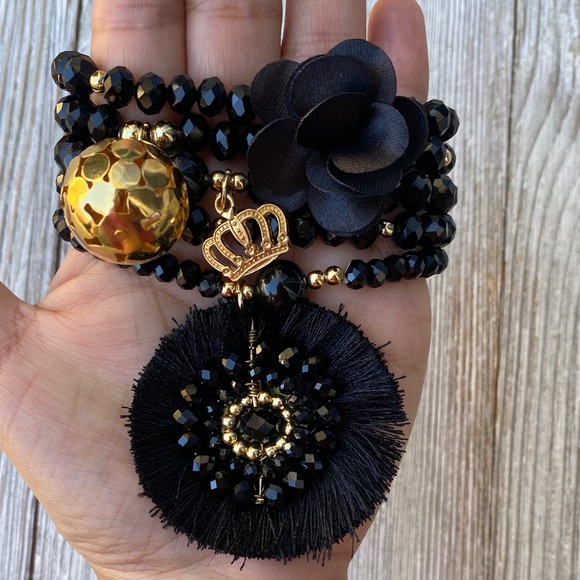 Gold Plated Set of Bracelets with Black Czech Crystal Tassels And Floral Details - Picture 4 of 4